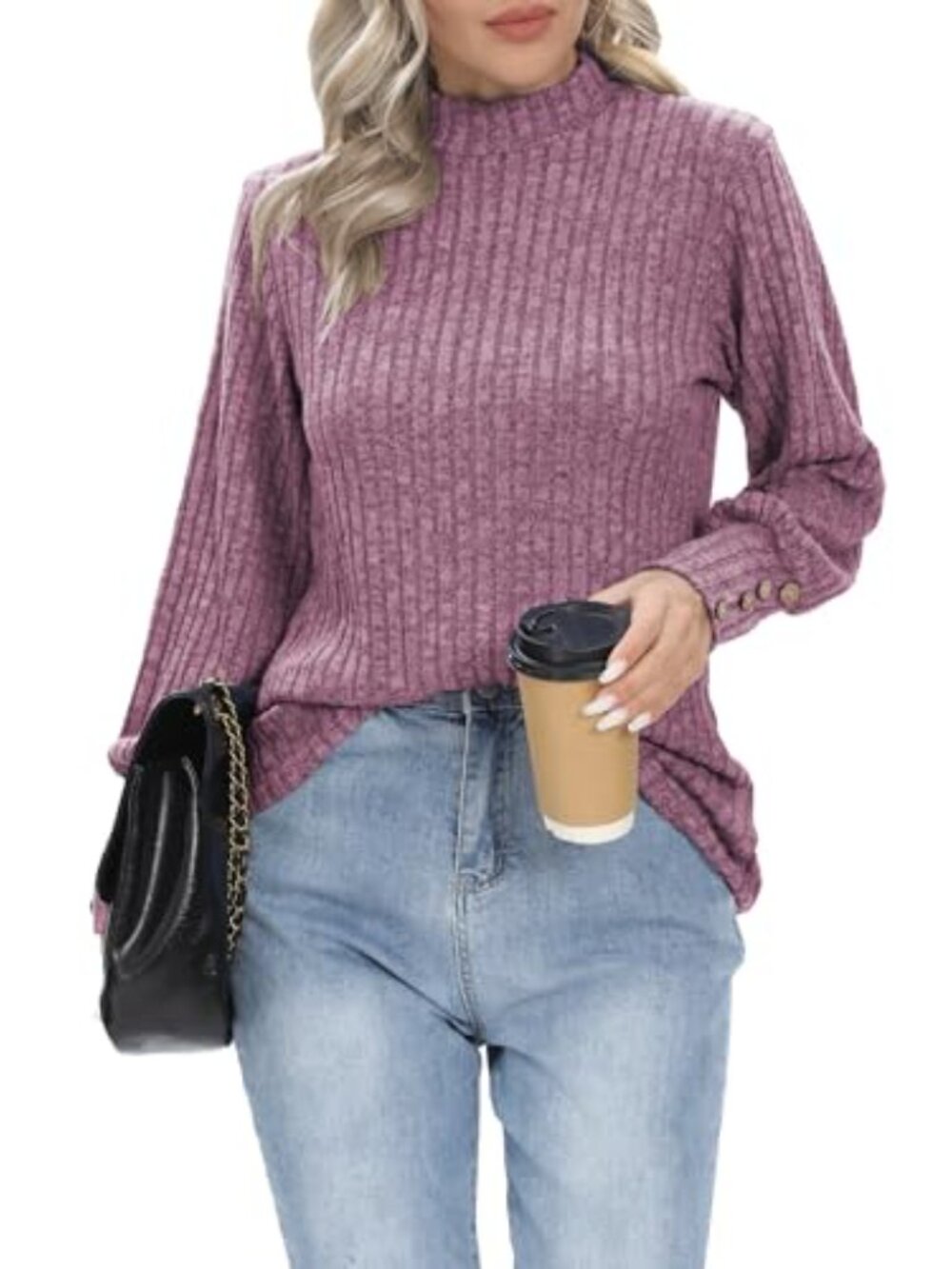🆕 Women's Fall Fashion Mock Neck Puff Long Sleeve Pullover Knitted Casual - Picture 3 of 6